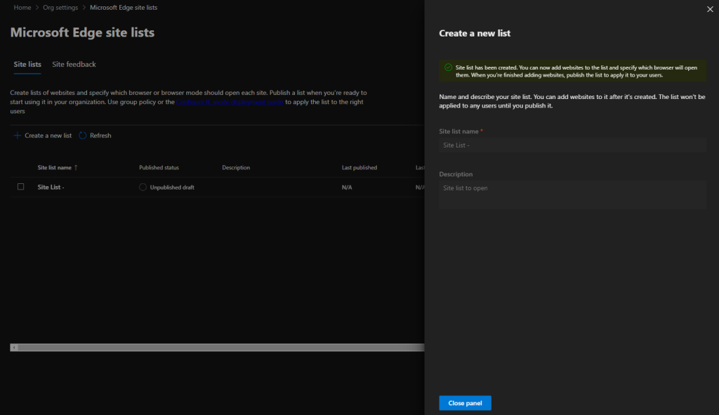 Open site list and add a site